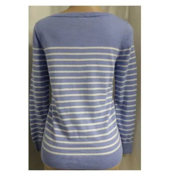 LOFT BLUE & WHITE STRIPED CRYSTAL FRONT CAREER CLASSIC THIN SWEATER SIZE: MP NEW - Picture 3 of 4